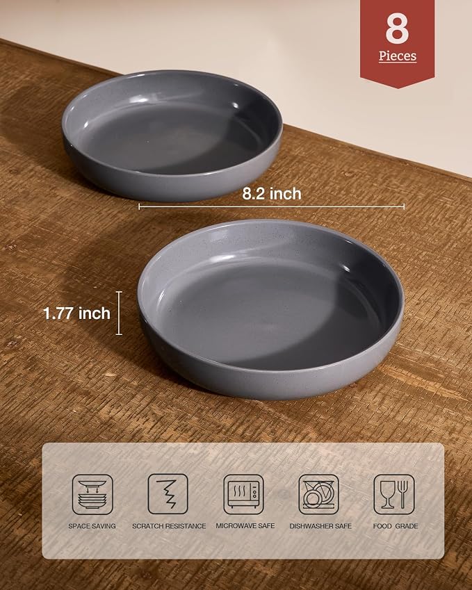 famiware Milkyway 33 oz Pasta Bowls Set of 8, Dark Gray | Scratch-Resistant Stoneware Salad Bowls, Stackable, Dishwasher & Microwave Safe, Lead-Fre