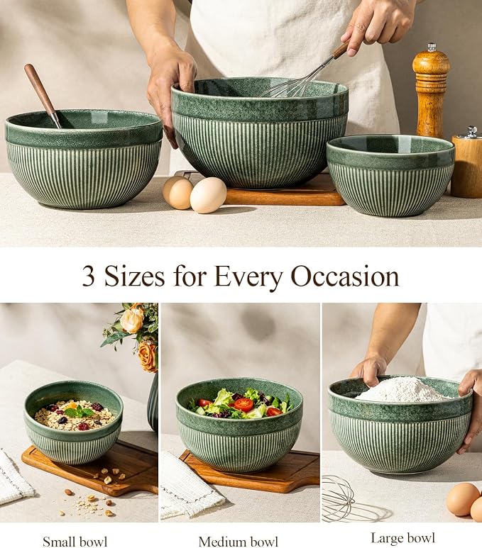 GBhome Ceramic Mixing Bowls Set of 3, Stoneware Nesting Serving Bowls, | 45/90/150 oz For Prep, Baking, Serving, Gift, Microwave and Dishwasher Safe, Ribbed Dishware Collection,Dark Green