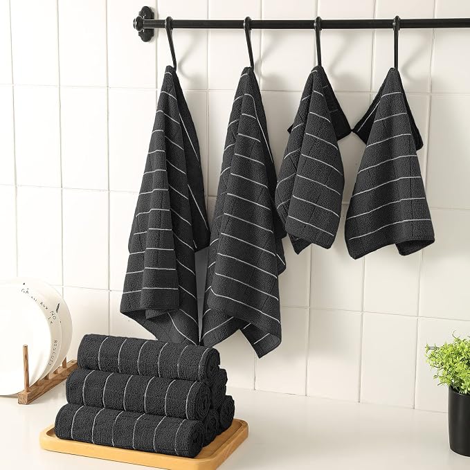 Puomue Microfiber Kitchen Towels and Dishcloths Set, 26 X 18 Inch and 12 X 12 Inch, Set of 12 Bulk Lint Free Dish Towels for Drying Dishes, Black
