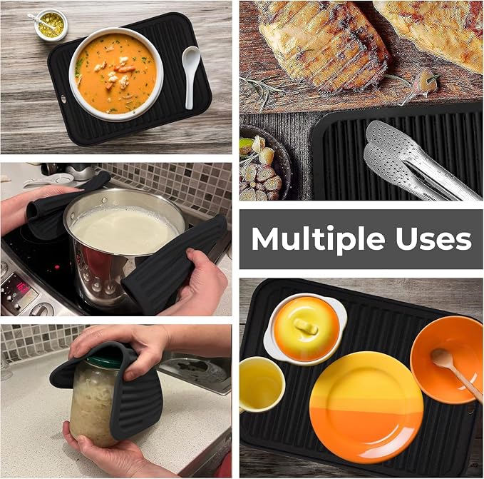 Silicone Trivets for Hot Dishes, Pots, Pans (4 Pack) - Heat-Resistant Pot Holders for Kitchen Countertop Mats - Silicone Trivet Mat (9 x 12 Inch) - Multipurpose Counter Pads (Black)