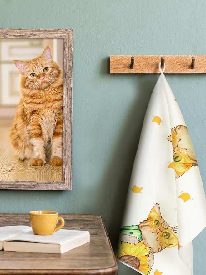 4 Pcs Cat Kitchen Towels Hand Tea Towels Gift for Kitty Lovers | Absorbent Fast Drying Dish Clothes Yellow Floral Cute Kitty Decor Housewarming Gift for Cooking Kitchen Bathroom Decor