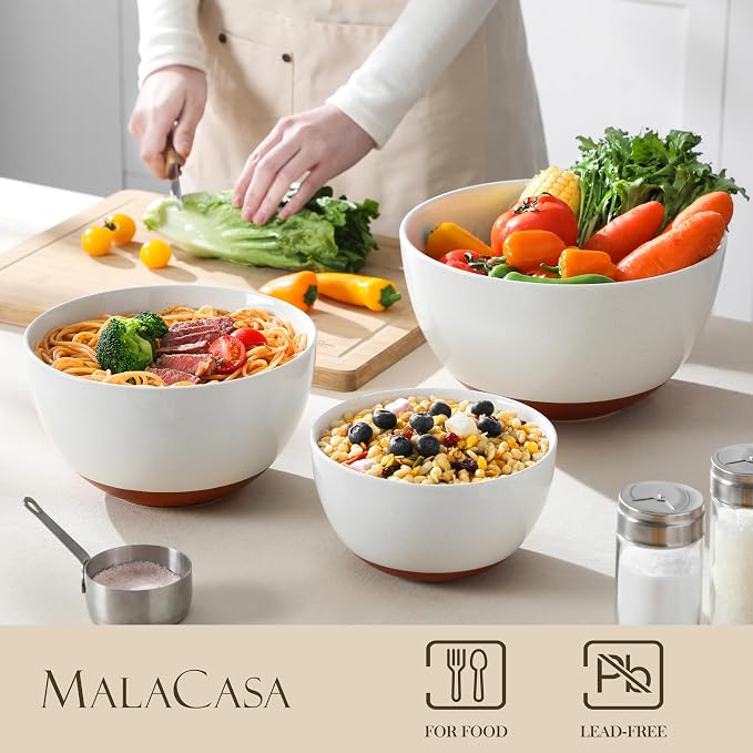 MALACASA Ceramic Mixing Bowls, Large Serving Bowls for Mixing, Cooking, Prepping, Baking, Salad, Soup, Pasta, Nesting Bowls Set of 3, 46/80/140 Oz, Oven, Microwave and Dishwasher Safe, Series TARA