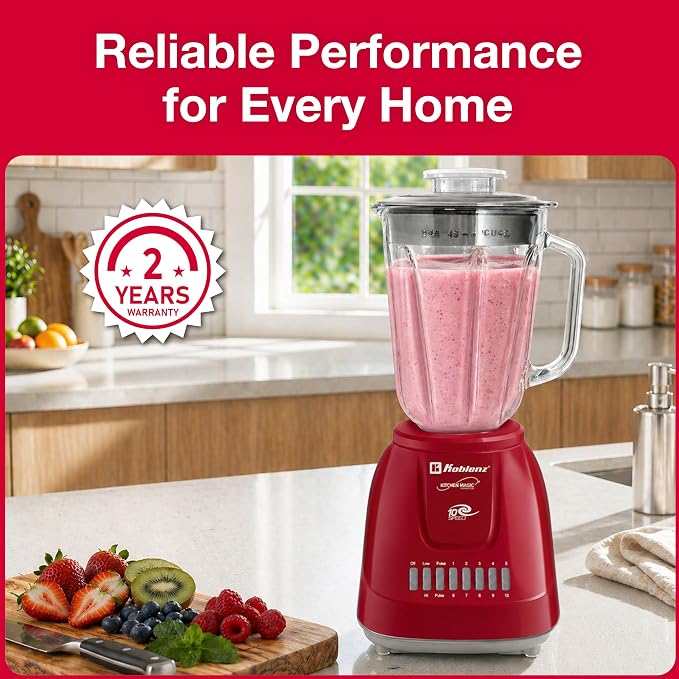 Koblenz LKM-5970 VR Blender, Home and Kitchen Appliances, 500W Motor, 51 Oz | Glass Jar, 10-Speed, Blender for Smoothies, Milkshakes, Purees, 4 Stainless Steel Blades, Metal Coupling, Red, For Gifts