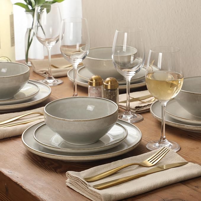 Gibson Elite White Sands Plates and Bowls Sets, 12-Piece Stoneware Dinnerware Sets, Reactive Glaze Dish Set - Moonstone White