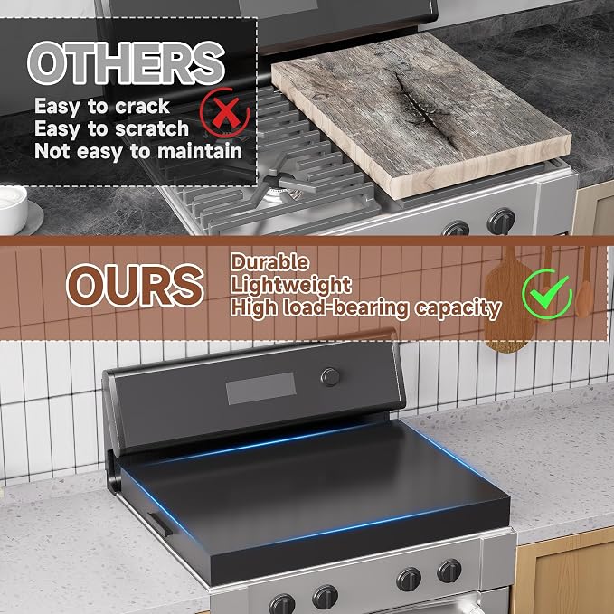 BJADE'S Stove Cover Board - 30"x22"x3" Gas/Electric Range Top Cover with Anti-Slip Feet, Kitchen Organizer & Noodle Board, Black Cooktop Protector for Counter Space Expansion