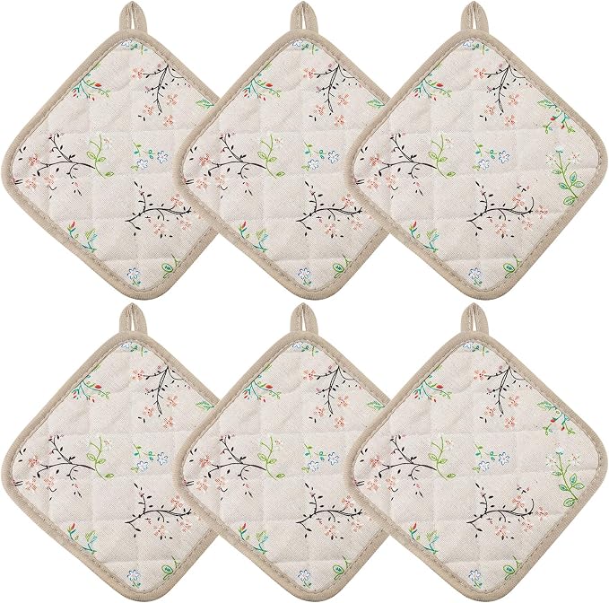6-Pack Pot Holders for Kitchen, 7.1in/18cm Heat-Resistant Hot Pads with Floral Design, Reusable Kitchen Mats, Pot Rack Set Suitable for Baking (Khaki Floral Print)