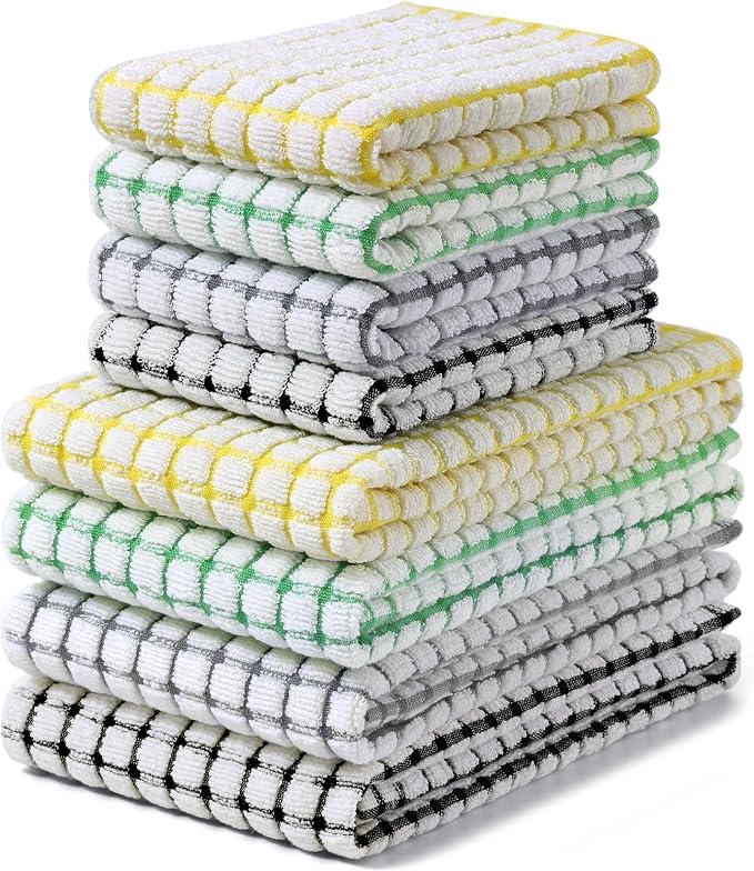Homaxy Kitchen Towels and Dishcloths Set (16”x 25” and 12”x 12”, 8 Pack) | Cotton Terry Kitchen Dish Towels, Super Soft and Absorbent Dish Cloths, Black/Grey/Yellow/Green