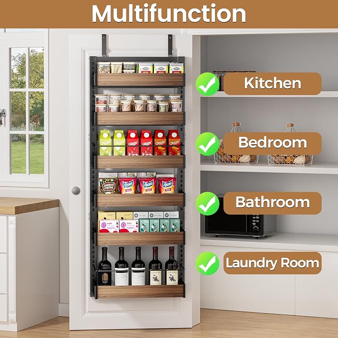 POKIPO 6 Tier Over The Door Pantry Organizer, 2-in-1 Door Hanging or Wall Mounted Spice Rack, Large Heavy Duty Pantry Door Storage Seasoning Shelves with Adjustable Basket for Kitchen Bathroom Closet