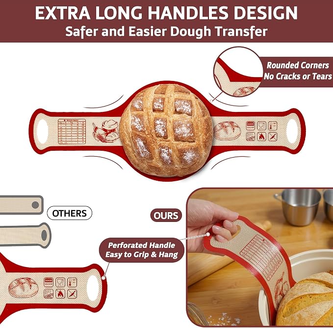 Silicone Bread Sling for Dutch Oven, 2 PCS Non-Stick Reusable Bread Baking Mats with Long Handles, Seamless Design Easy to Transfer Sourdough Sling Silicone Sourdough Sling Dough (Round/Oval Red)