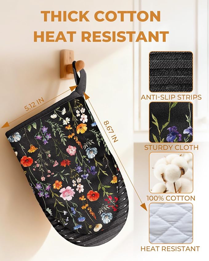 100% Thick Cotton Mini Oven Mitts Silicone Grip Colorful Floral | Elegant Classic Oven Mitts for Women, Machine Washable, Non-Slip, Reversible Design Fits Both Hands, Stylish Kitchen Decor