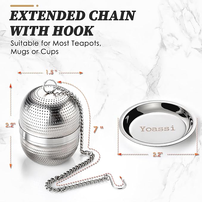 Yoassi 2 Pack Tea Infusers for Loose Tea, Extra Fine Mesh 18/8 Stainless Steel Tea Strainers, Loose Leaf Tea Steeper Tea Ball Tea Diffuser Tea Holder with Extended Chain Hook and Drip Tray