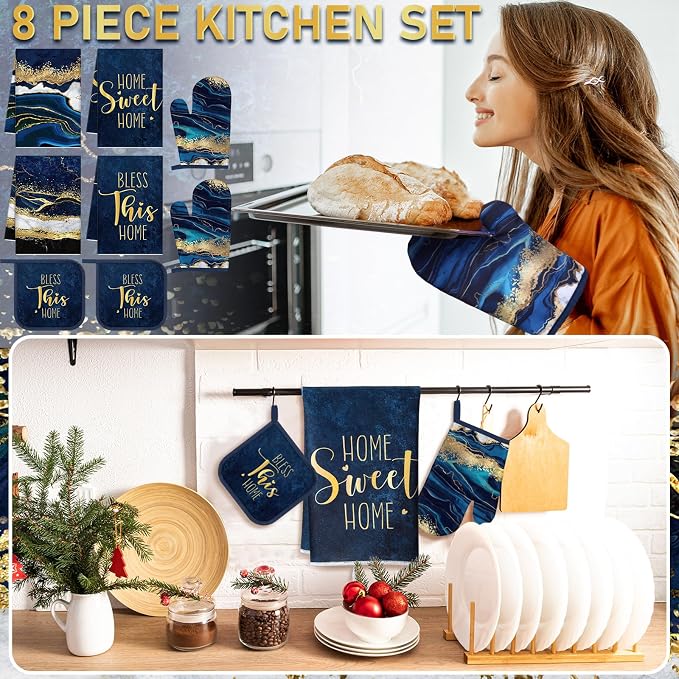 Leinuosen 8 Pcs Navy Blue and Gold Marble Kitchen Towels and Dishcloths Sets Oven Mitts and Pot Holders Absorbent Kitchen Gloves Potholders Heat Resistant for Chef Baking Cooking