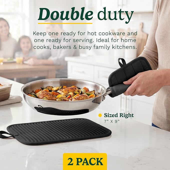 Cuisinart Silicone Pot Holders, Set of 2 7"x9", Heat Resistant 500F | Non-slip grip back is waterproof, hand pocket for secure hold, doubles as a trivet, wipe clean, hanging loop