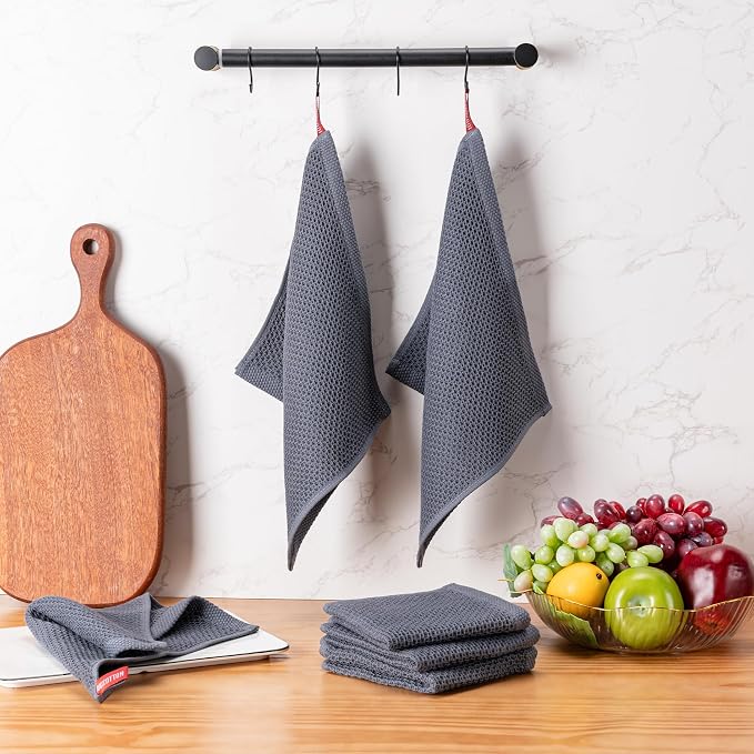 Kitchen Towels 6-Pack Kitchen Dish Cloths,100% Cotton,12x12 In,Dark Grey | Towels Waffle Weave,Ultra Soft Absorbent, Quick Drying