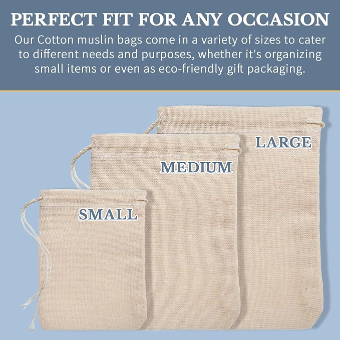 Celestial Gifts 100% Cotton Muslin Drawstring Bags, 25 Pcs, 5x8 Pouches | Made in USA, Natural Hem & Drawstring, Reusable Small Sachet Pouches for Party Favors, Glasses, Tea, Herbs & Crafts
