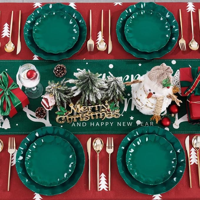 LIYH 50 Pcs Christmas Plastic Plates - Green Scalloped Plates Unbreakable | Holiday Dishes Reusable Dishwasher Safe BPA Free for Christmas Day(25Guests)