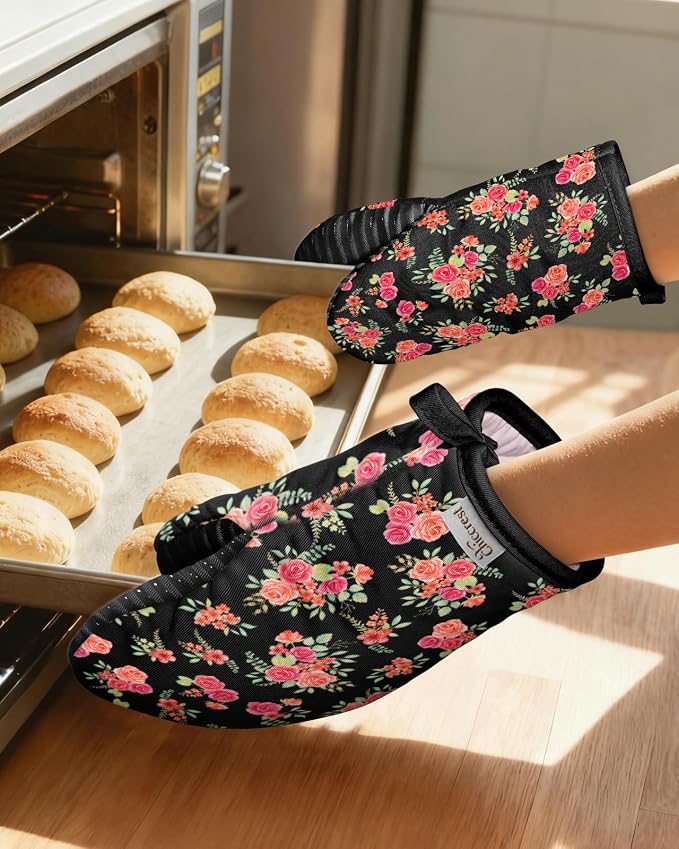 100% Thick Cotton Mini Oven Mitts Silicone Grip Pink Rose | Girly Cute Oven Mitts for Women, Machine Washable, Non-Slip, Reversible Design Fits Both Hands, Stylish Kitchen Decor