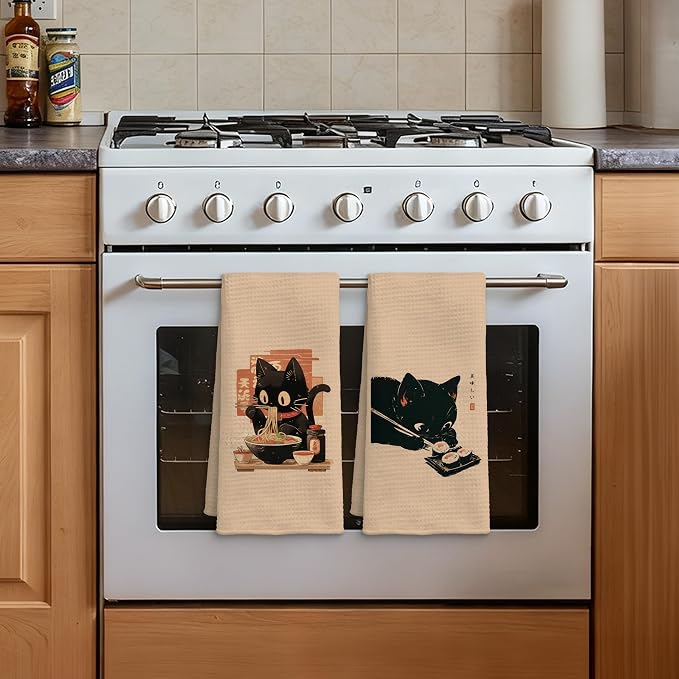 Funny Black Cat Kitchen Towels Set of 2, Sushi Cat Lover Gifts Dish Towels, Japanese Ramen Noodles Sushi Black Kitty Decorative Hand Towels 16x24 Inch