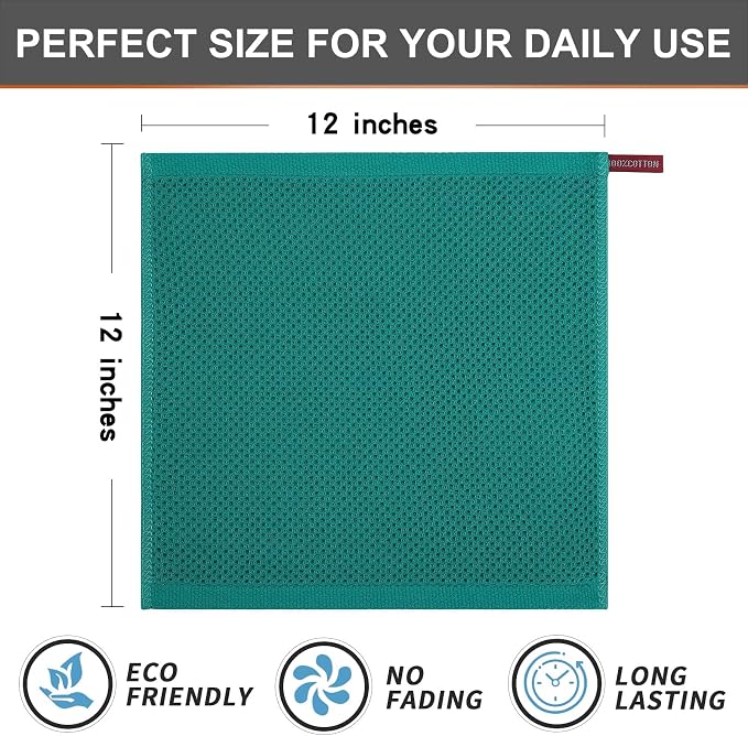 Kitinjoy 100% Cotton Waffle 12-Pack Kitchen Towels, 12" x 12", Teal | Ultra Absorbent, Super Soft, lightweight, Quick Drying Dish Rags for Washing Dishes