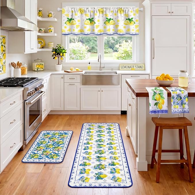 Fourluoo 16 Pcs Lemon Kitchen Decor Set 4 Summer Kitchen Towels 2 Non Slip Rugs and Mats for Floor 2 Oven Mitts Gloves 2 Pot Holders 4 Placemats 2 Curtains for Home Decoration Women Gift