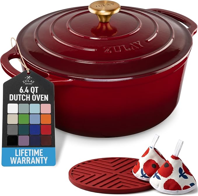 Zulay Kitchen 6.4QT Enameled Cast Iron Dutch Oven Pot with Lid, Heavy-Duty Soup Pot for Stews, Braising, Roasting & Sourdough Bread Baking, Oven Safe up to 500°F – Garnet