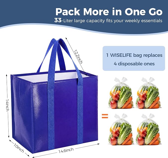Reusable Grocery Bags, Waterproof & Foldable Shopping Bags Stand Upright | Heavy Duty Shopping Tote Bags, Waterproof & Foldable with Long Handles for Bulk Shopping, Versatile Storage 3 Pack-33L