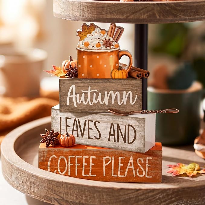 Lineshading 4 Pcs Fall Coffee Wooden Block Signs Tiered Tray Decor Autumn | Rustic Tabletop Decor for Kitchen Coffee Corner, Stackable Wooden Blocks with Autumn Leaves, Farmhouse Style Home Accent Gift