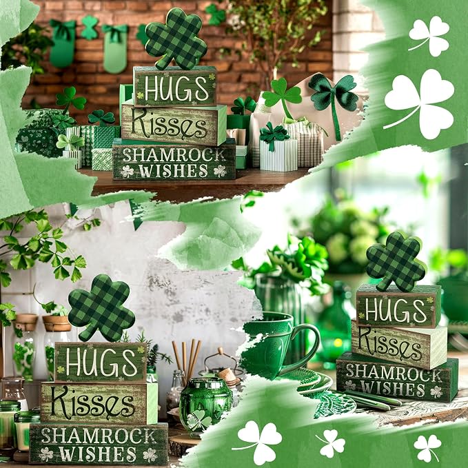 Lineshading 4 Pcs Shamrock Wooden Block Signs for Tiered Tray Home Decor | Rustic Farmhouse Table Ornaments, Buffalo Plaid Clover Topper, Stacked Signs Hugs Kisses Shamrock Wishes, St Patrick Decor