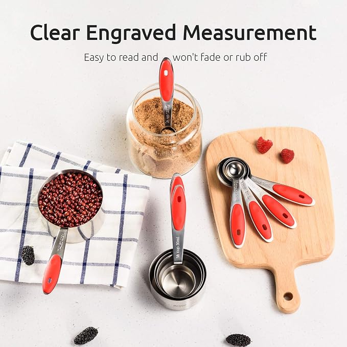 U-Taste Measuring Cups Spoons Set, 18/8 Stainless Steel, 10Pcs, Red | Upgraded Thickened Handle, Reinforced Welded Joints, Nested Stackable Design, Metal Measure Set for Kitchen Baking Cooking