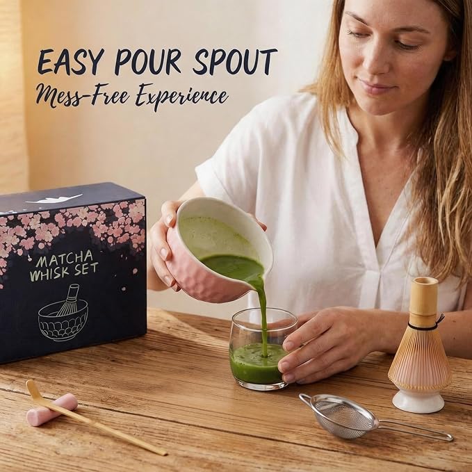 Matcha Whisk Set – Ceramic Matcha Bowl with Pour Spout, Bamboo Whisk, Whisk Holder, Scoop, Sifter – Japanese Matcha Kit for Beginners (Pink)
