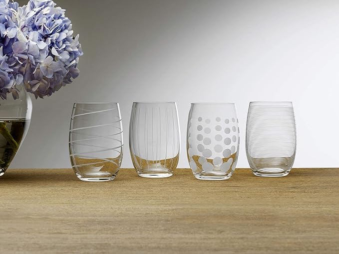 Mikasa Cheers Stemless Wine Glasses, Set of 4, 17-Ounce Clear Glasses, Durable and Elegant, Perfect for Red or White Wine, Dishwasher Safe