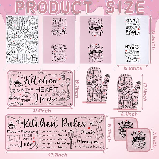 Fourluoo 10 Pcs Pink Kitchen Decor Oven Mitts and Pot Holders Sets Pink Dish Towels Vintage Kitchen Rugs and Mats for Home Wedding Farmhouse Decorations Baking Cooking Birthday Gifts Accessories