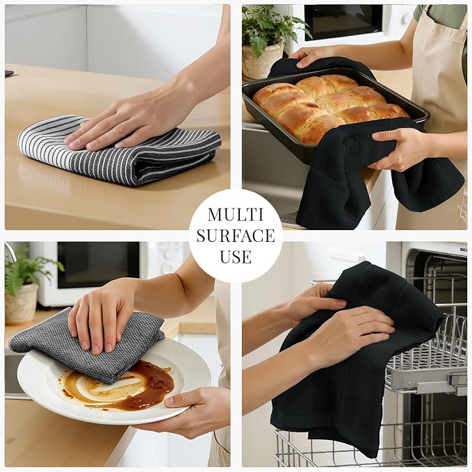 Homaxy 6 Pack Cotton Terry Premium Kitchen Towels, 18 x 28 in, Black | Large 380 GSM Dish Towels, Highly Absorben Flat & Terry Kitchen Hand Towels, Soft Utility Tea Towel Set with Hanging Loop