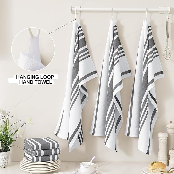 Homaxy Premium Cotton Stripe Kitchen Towels 12 Pack, 18"x 28", Black | Large 380 GSM Kitchen Hand Towels, Soft Terry Dish Towels, Highly Absorbent Tea Towel Set with Hanging Loop