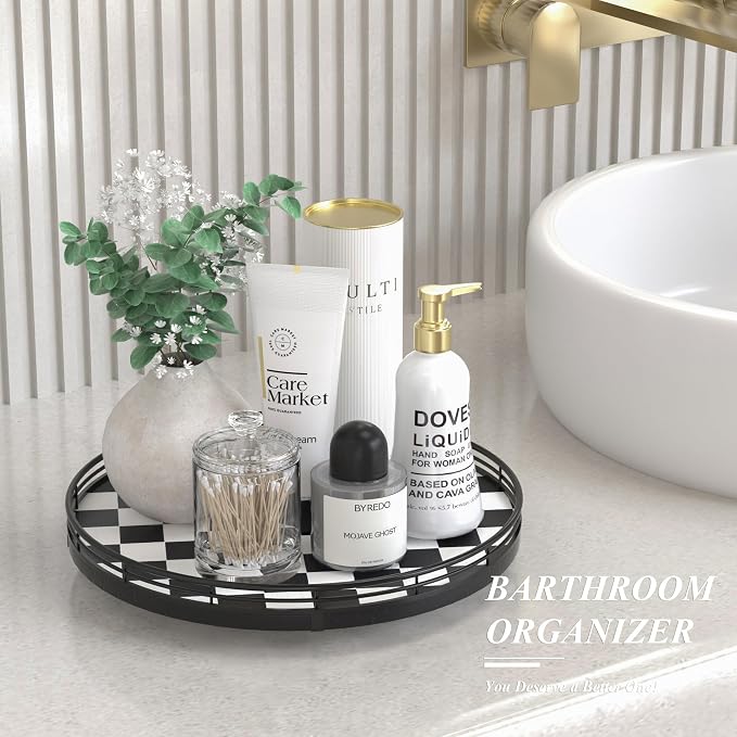 AMH 12 Inch Black and White Checkerboard Lazy Susan with Oak Wood Base | Smooth rotating oak tray with walnut finish for dining tables, kitchen counters, pantries and cabinet storage.
