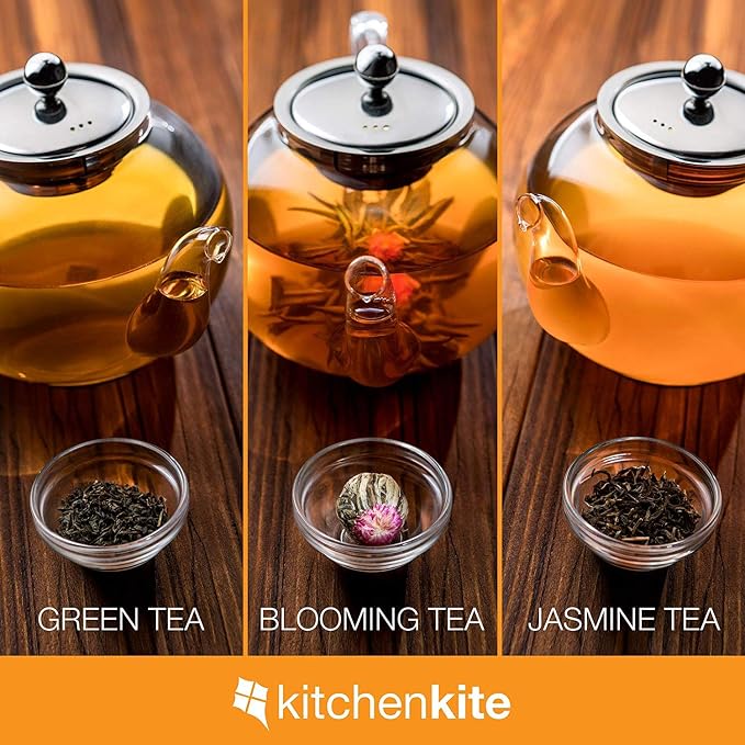 Glass Teapot Set with 4 Double Wall Tea Cups & Removable Stainless Steel Infuser, 35oz/1000ml Borosilicate Tea Kettle Stovetop Safe, Loose Leaf & Blooming Tea Maker Gift Set for Women