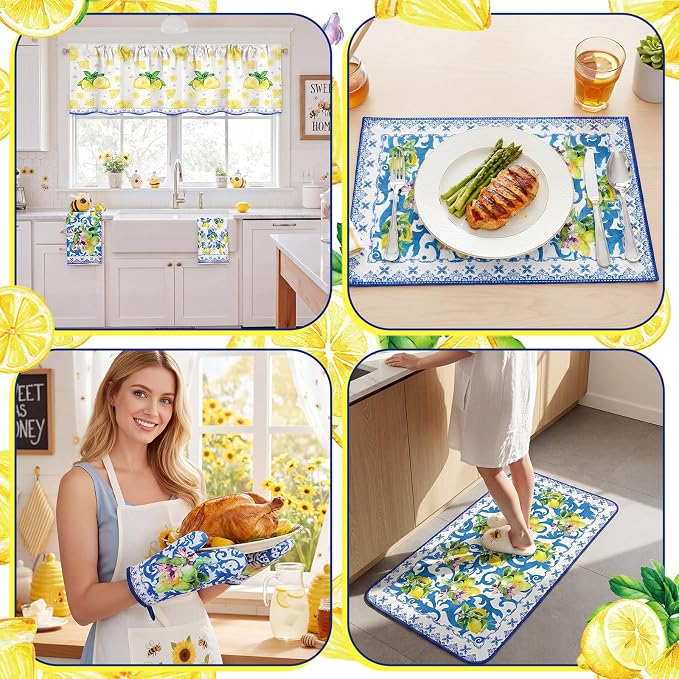 Fourluoo 16 Pcs Lemon Kitchen Decor Set 4 Summer Kitchen Towels 2 Non Slip Rugs and Mats for Floor 2 Oven Mitts Gloves 2 Pot Holders 4 Placemats 2 Curtains for Home Decoration Women Gift