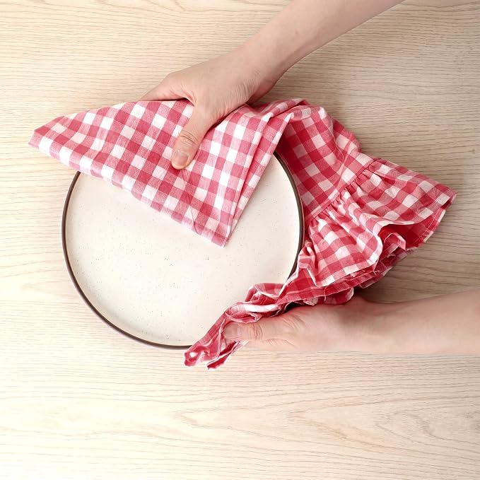 HunnmingRe 2 Pcs Watermelon Pink Gingham Kitchen Towels Cotton Ruffled | Checked Dish Towels 18"x28" Tea Cloths Plaid Cottage Core Kitchen Decor for Farmhouse Charm Drying Dishes Entertaining Guests