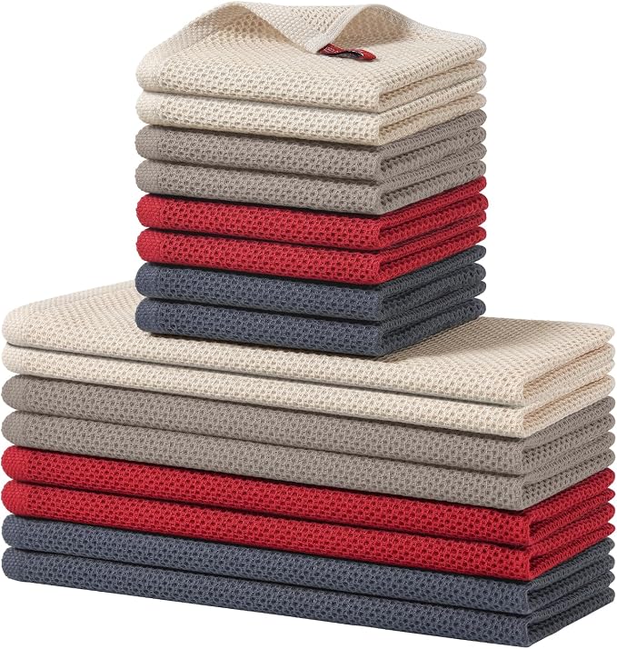 Homaxy 16 Pack 100% Cotton Kitchen Towels and Dishcloths Set, Mixed Color | 12 x 12 Inches and 13 x 28 Inches Kitchen Towels Set, Ultra Soft Absorbent Dish Cloths for Washing Dishes
