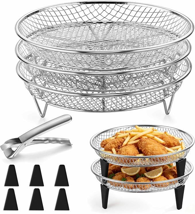 P&P CHEF 7.9'' Round Air Fryer Rack Set of 3, Air Fryer Basket for Grill | Stackable Stainless Steel Air Fryer Accessories for Roasting, With Anti-scalding Clip & Silicone Feet, Oven & Dishwasher Safe