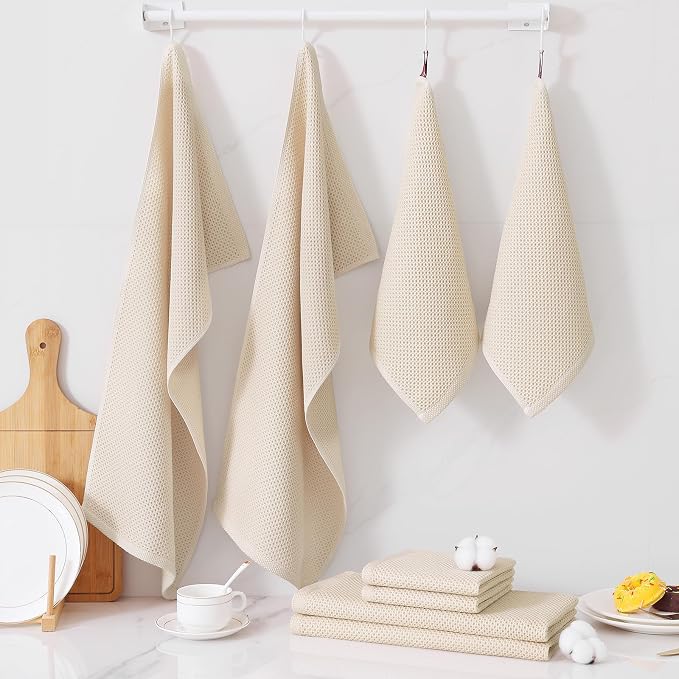 Homaxy 10 Pack 100% Cotton Kitchen Towels and Dishcloths Set, Beige | 12 x 12 Inches and 13 x 28 Inches Kitchen Towels Set, Ultra Soft Absorbent Dish Cloths for Washing Dishes