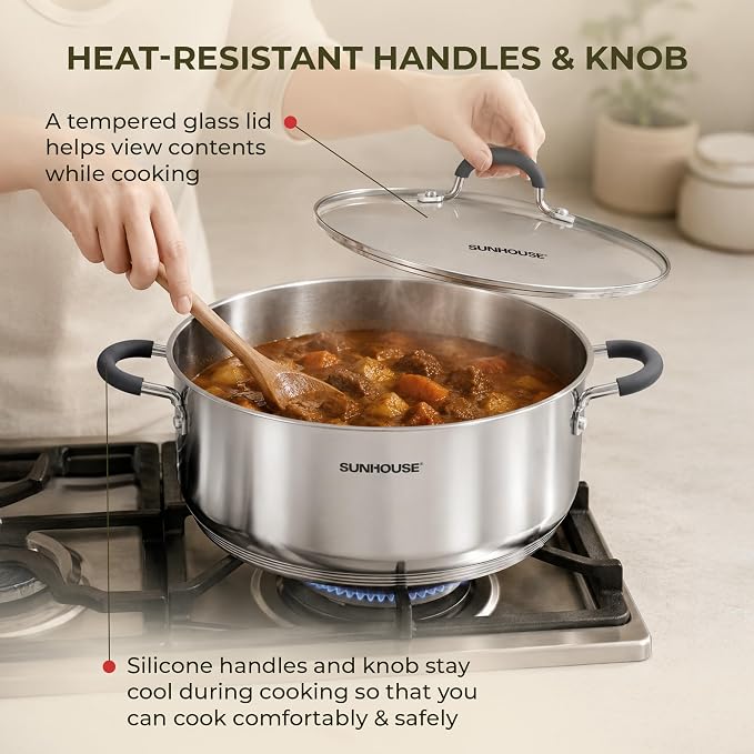 SUNHOUSE 3.1 QT Stainless Steel Steamer Pot for Cooking Vegetables | Steaming Pot with Glass Lid & Steamer Basket - 2 Tier Tri-ply Stovetop Steamer For Vegetable, Veggie - Induction Compatible