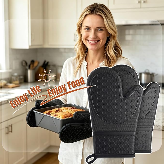 Silicone Oven Mitts 500°F Heat Resistant BBQ Gloves 2-Pack Black | 500°F heat resistance, non-slip honeycomb grip, waterproof & washable, extra long wrist guard, 2-piece set