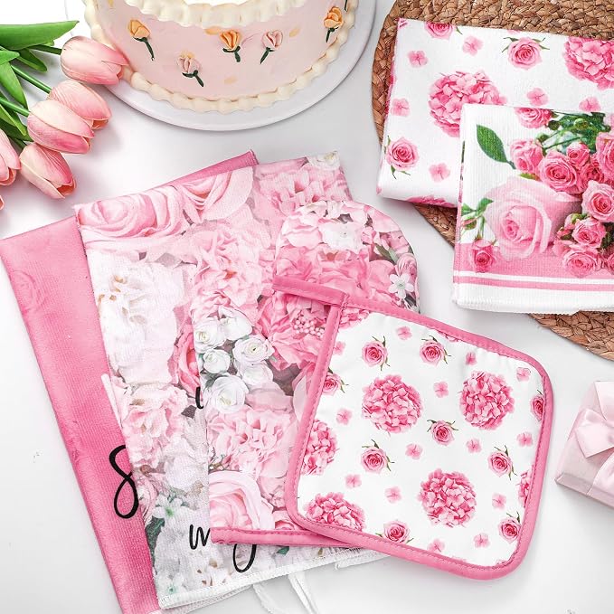Leinuosen 8 Pcs Pink Rose Kitchen Towels and Dishcloths Sets Oven Mitts and Pot Holders Sets Absorbent Kitchen Gloves Potholders Heat Resistant for Chef Baking Cooking House Decorative Accessories