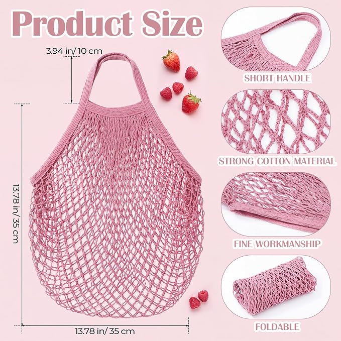 Woanger 24 Pcs Pink Short Handle Reusable Cotton Mesh Produce Shopping Bags Washable Grocery Net Portable Fruit and Vegetable Cotton String Bags Net Tote Organizer