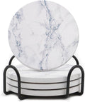 LIFVER Absorbent Coaster Sets of 4, Drink Coasters with Holder, White Marble Style Ceramic Drink Coaster for Tabletop Protection, Suitable for Kinds of Cups and Wooden Table, Cool Home Decor, 4 Inches