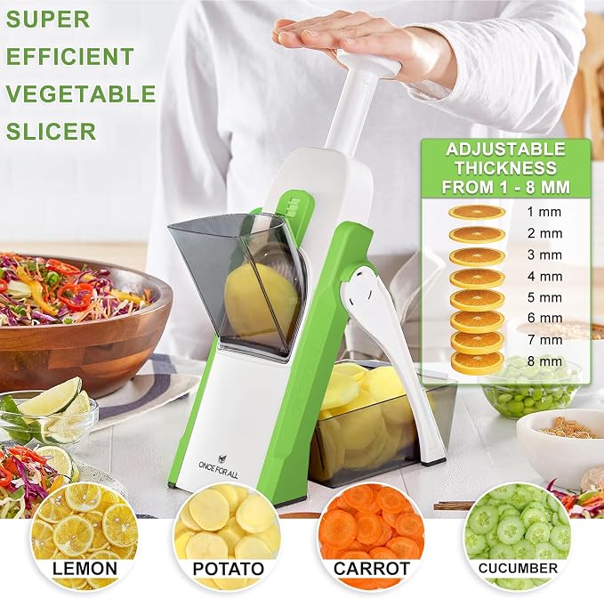 ONCE FOR ALL Safe Mandoline Slicer, Vegetable Slicer Potato Slicer, Green | Vegetable Slicer For Food Potato Slices, Thickness Adjustable 0.1-8 mm Kitchen Artifact Fast Meal Prep, Gift, Only Slicer