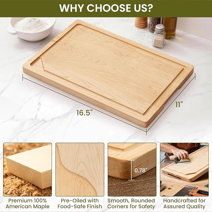 USA-Sourced Maple Wood Cutting Board for Kitchen (17"x11"x0.8") Pre-Oiled Wooden Chopping Board, Maple Wood Grain Reversible Butcher Block with Juice Groove & Handlers