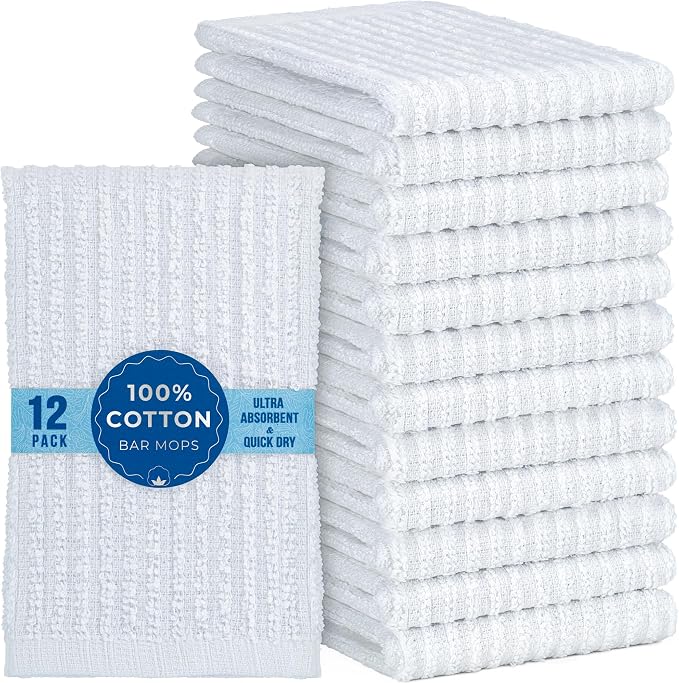 12 Pack 100% Cotton Bar Mops, 12 x 12 in, Ultra Absorbent