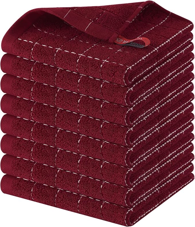 Homaxy 100% Cotton Terry Kitchen Dish Cloths, 8 Pack, Burgundy | Ultra Soft and Absorbent, Suitable for Drying and Washing Dishes
